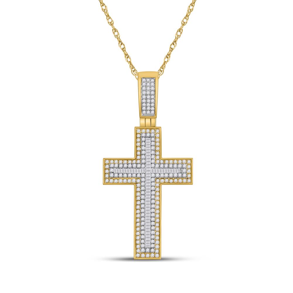 10kt Yellow Gold Mens Baguette Diamond Cross Charm Pendant 1-1/2 Cttw