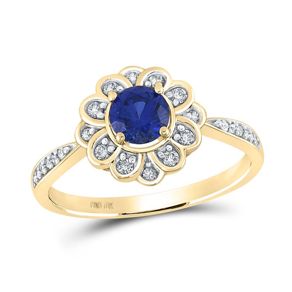 10kt Yellow Gold Womens Round Lab-Created Blue Sapphire Fashion Ring 7/8 Cttw