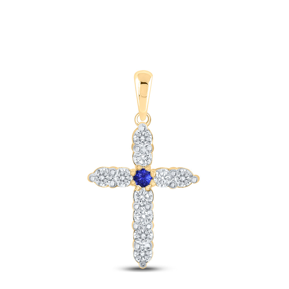 10kt Yellow Gold Womens Round Blue Sapphire Diamond Cross Pendant 1/5 Cttw