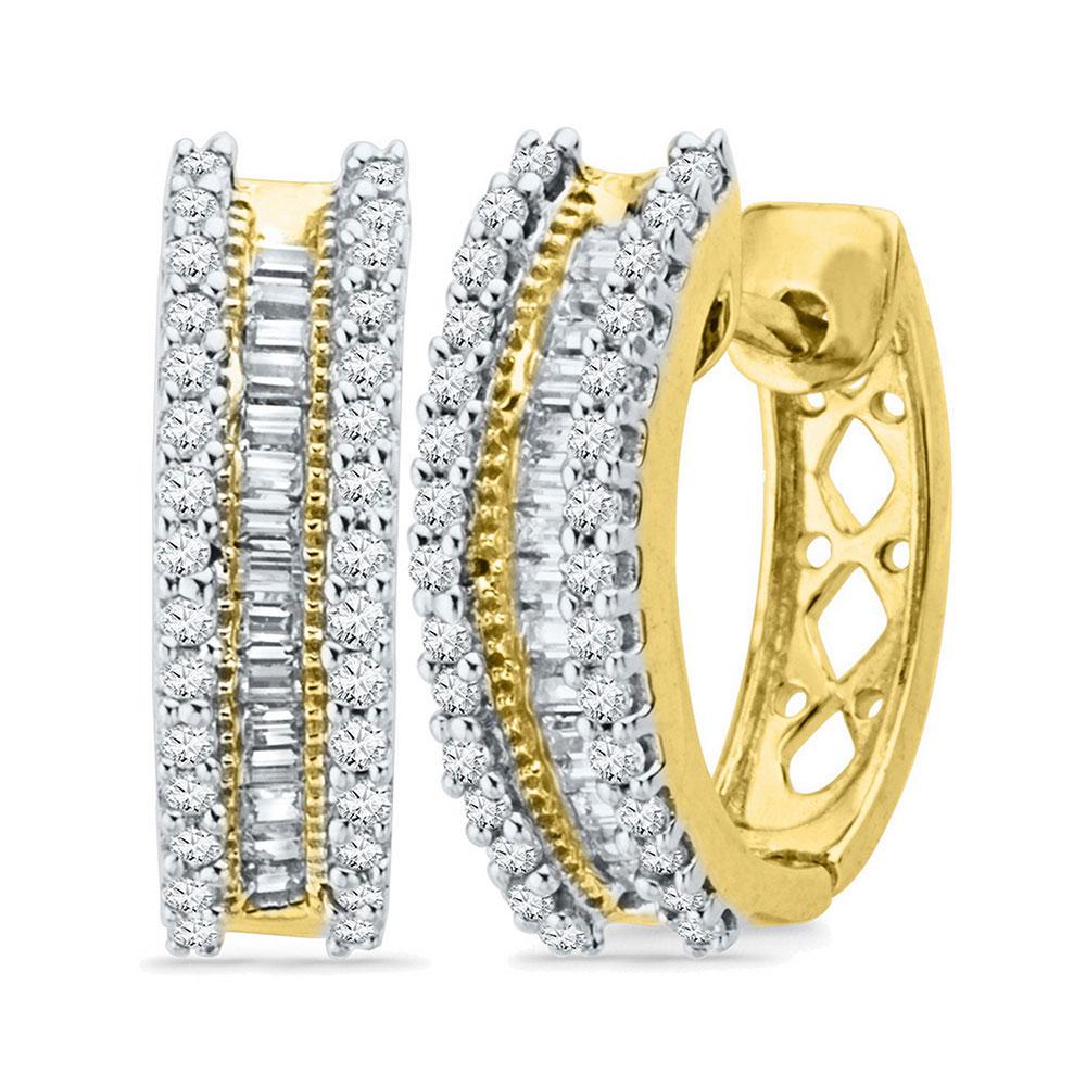 10kt Yellow Gold Womens Round Baguette Diamond Hoop Earrings 1/2 Cttw
