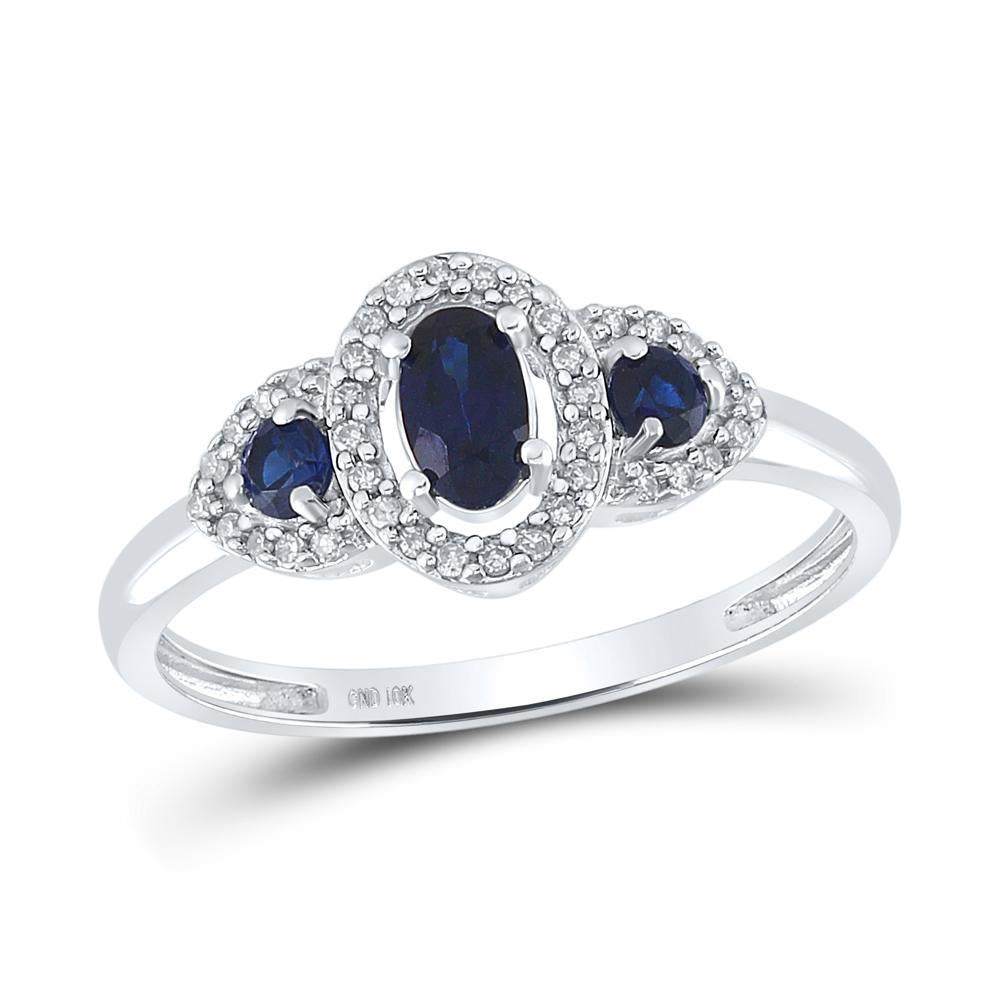 10kt White Gold Womens Oval Lab-Created Blue Sapphire 3-stone Ring 5/8 Cttw