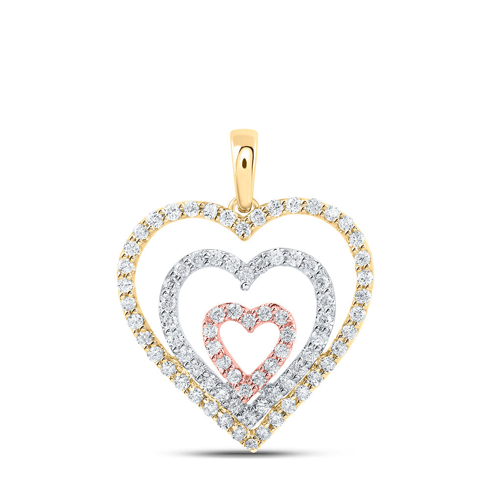 10kt Tri-Tone Gold Womens Round Diamond Triple Nested Heart Pendant 1/2 Cttw