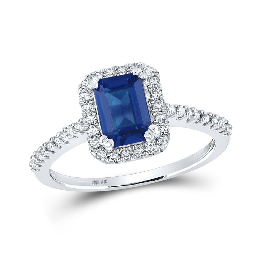 10kt White Gold Womens Emerald Lab-Created Blue Sapphire Solitaire Ring 1-3/4 Cttw