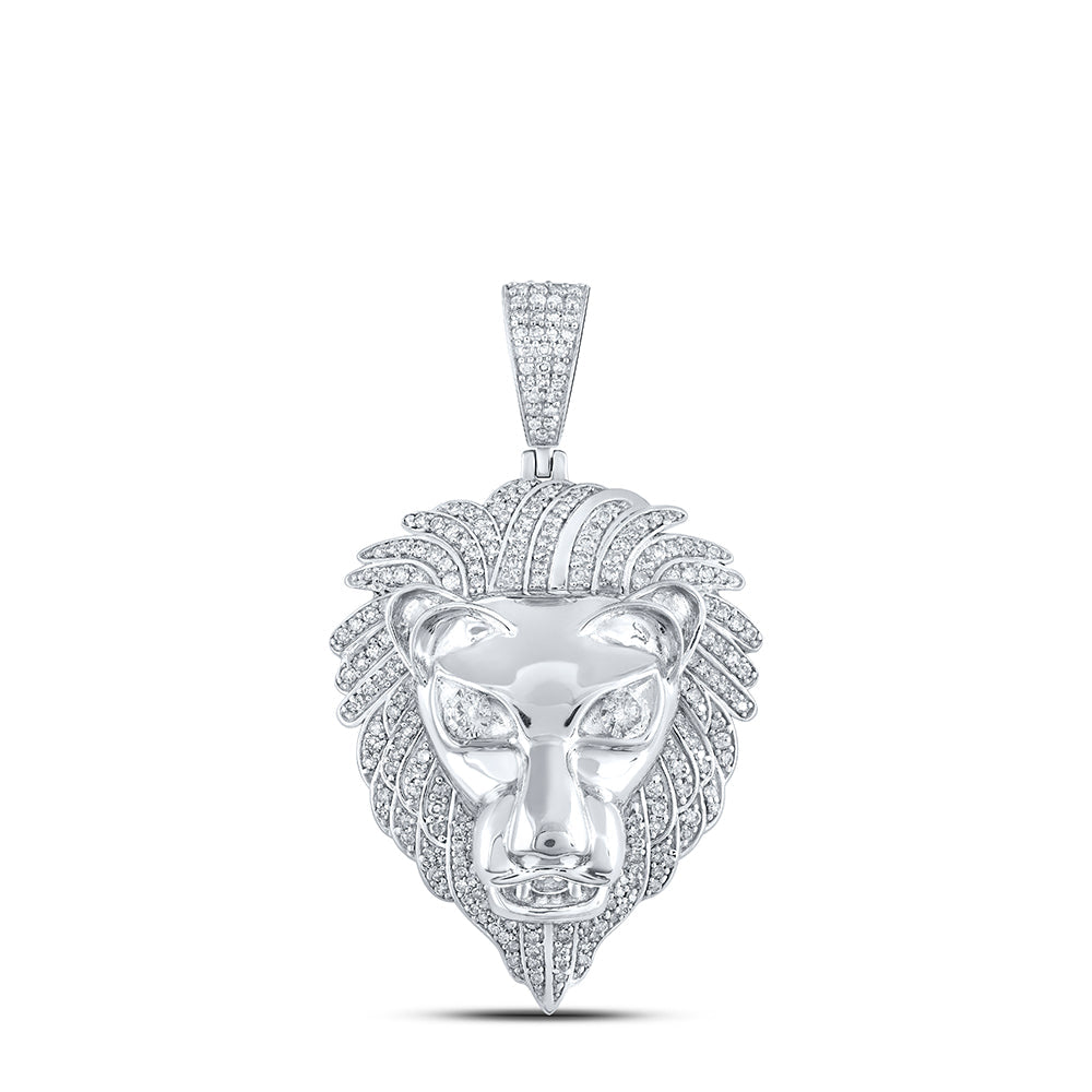 10kt White Gold Mens Round Diamond Lion Face Charm Pendant 1-1/3 Cttw