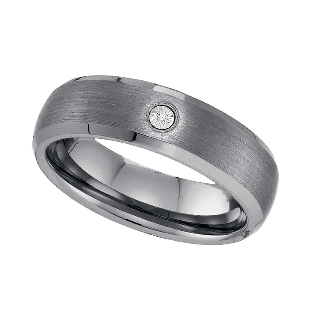 Tungsten Carbide Mens Round Diamond Matte Bevel Edge Band Ring .01 Cttw
